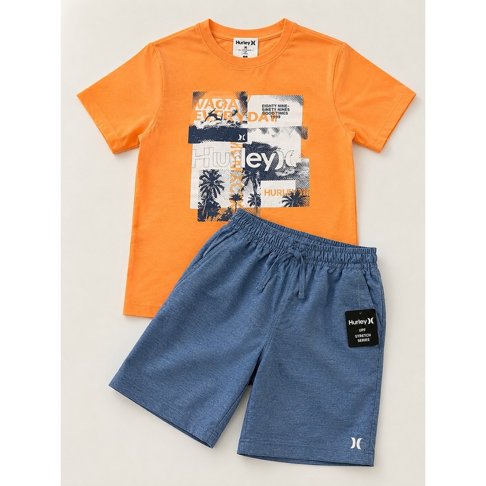 Hurley Boys 2 Piece Set Orange Graphic Tee and Blue Stretch Shorts Size M 10-12
